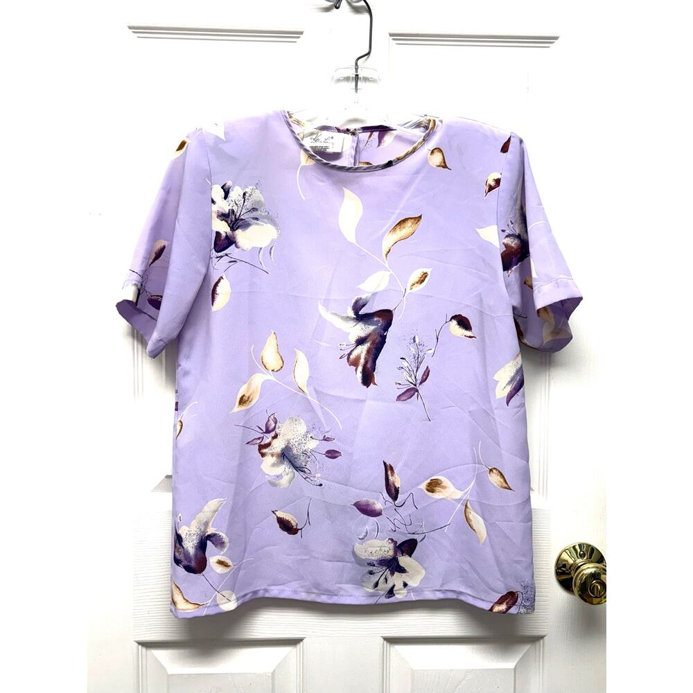 Kathy Lee Collection Blouse Purple Floral Vintage 90s Y2K Shoulder Pads Size 4